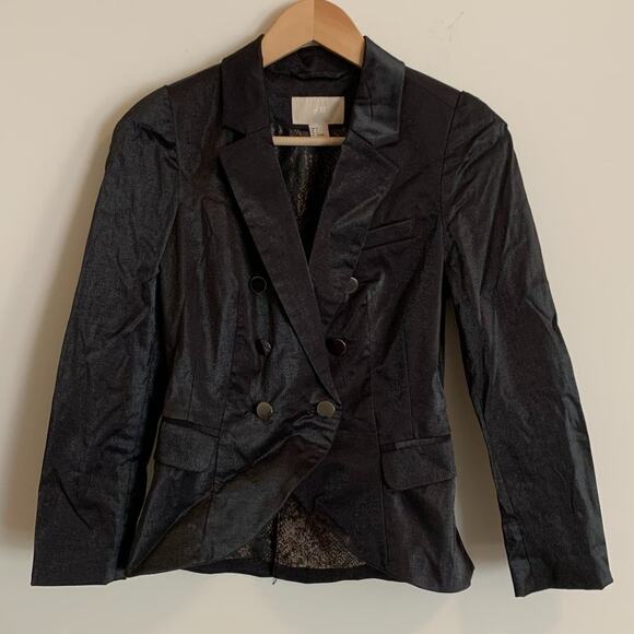 H&M Jackets & Blazers - H&M Womens Size 4 Jacket Short Black Shimmer Silver Buttons Rock Preppy
